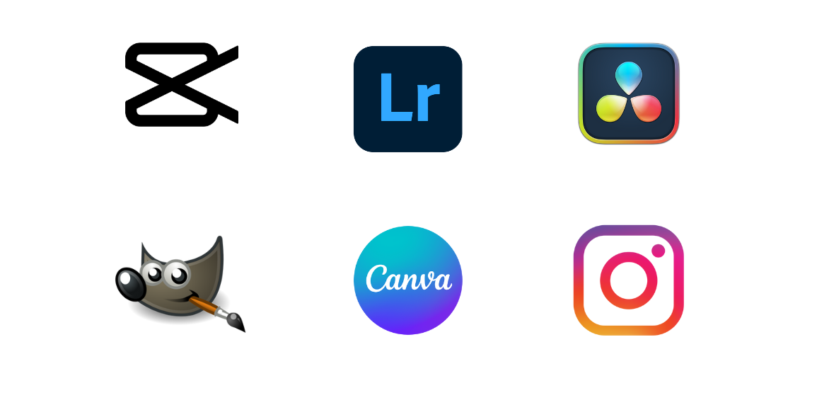 Logiciels utilisés dans le travail : capcut, lightroom, canva, gimp, instagram, davinci resolve