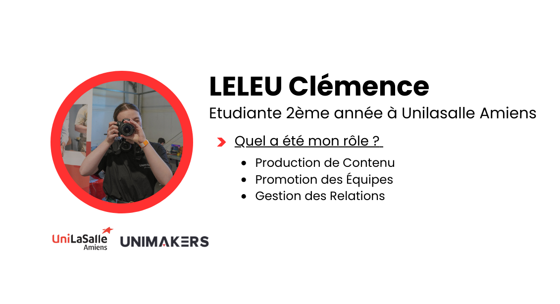 Illustration colorée avec un fond blanc, décrivant mon profil : LELEU Clémence, étudiante de 2ème année. Mes missions sont : Gestion Relationnel, Production de Contenu et Promotion des équipes